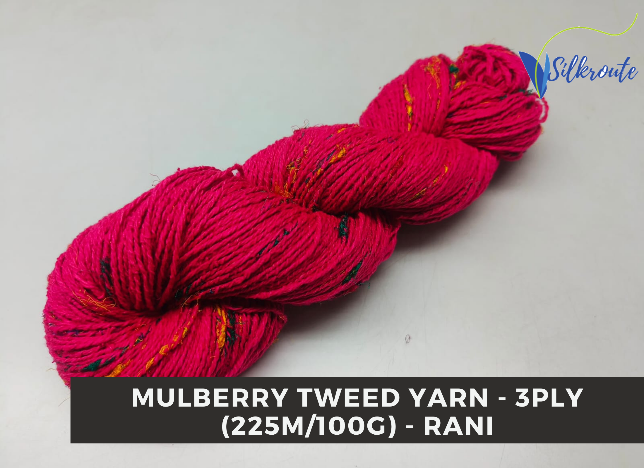 Bright Rani Pink Mulberry Silk Tweed Yarn skein, 100% silk noil base.