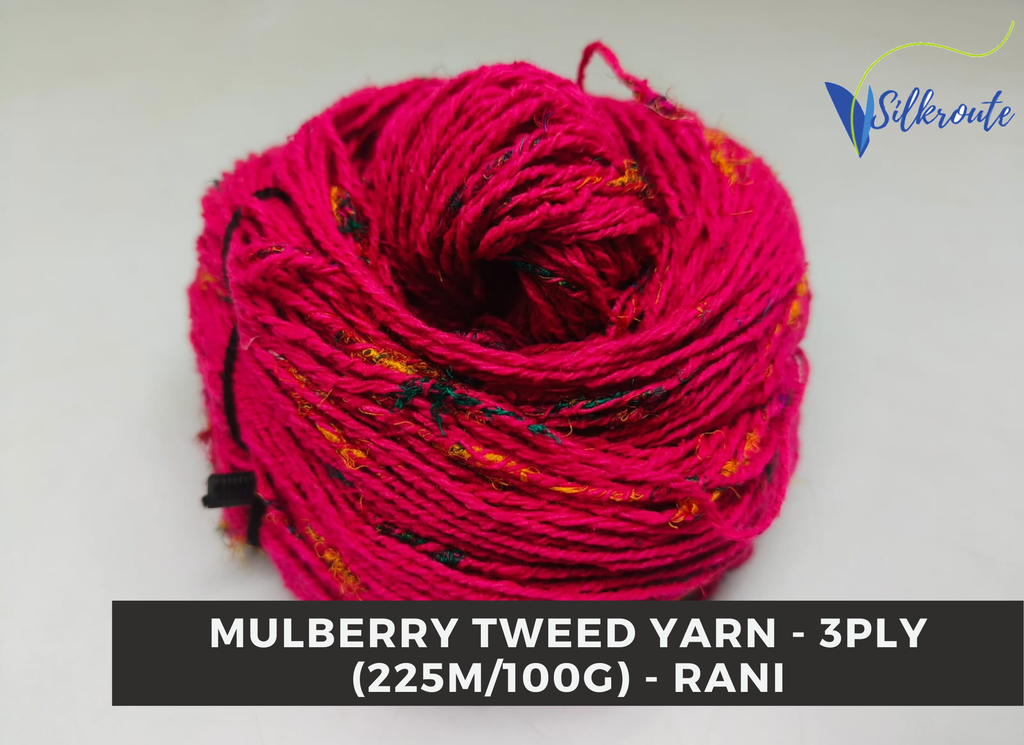 Bright Rani Pink Mulberry Silk Tweed Yarn skein, 100% silk noil base.