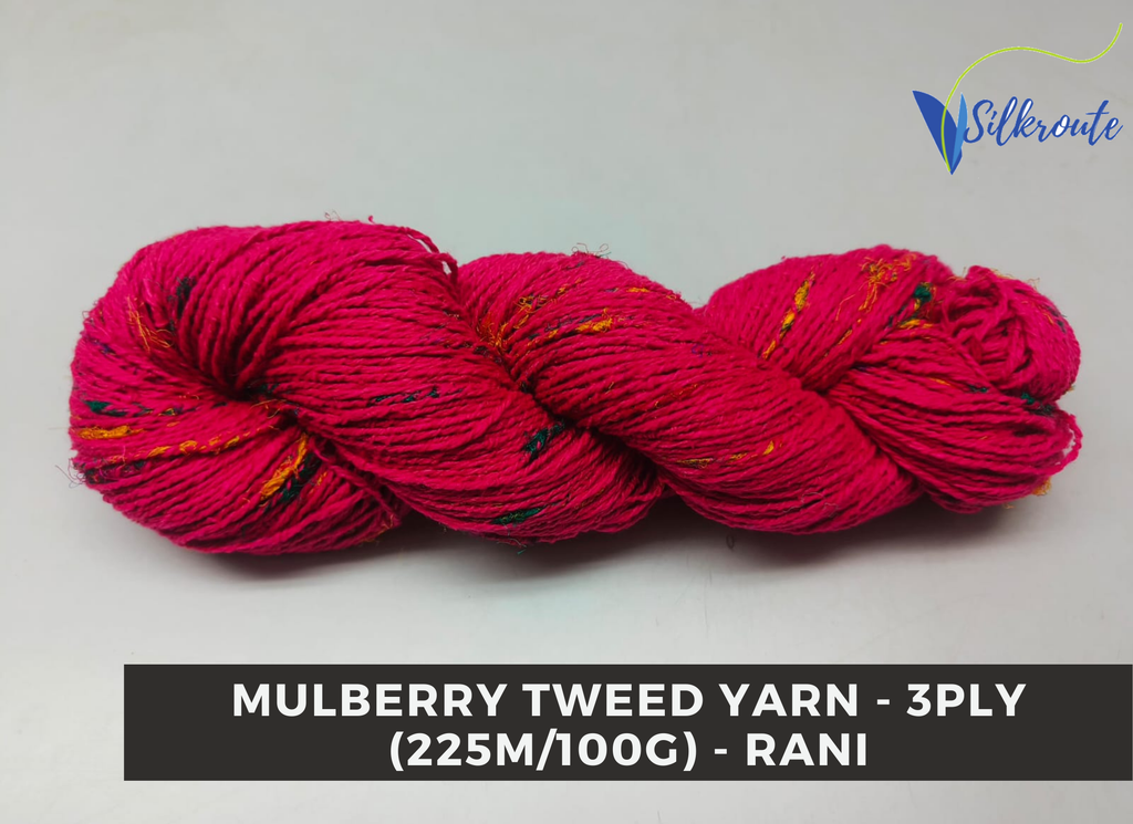 Bright Rani Pink Mulberry Silk Tweed Yarn skein, 100% silk noil base.