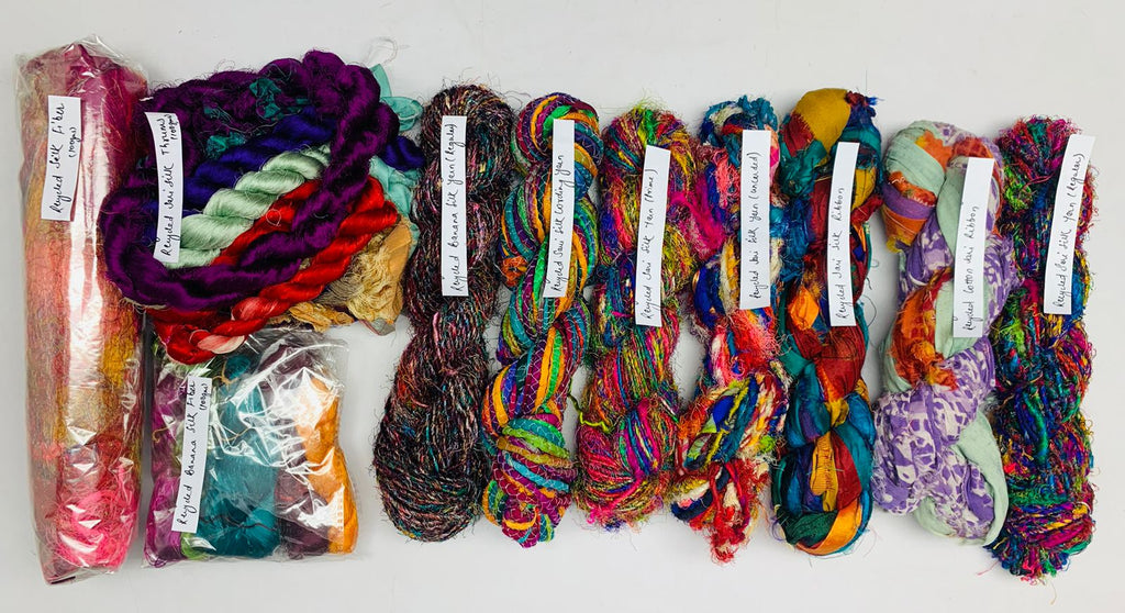  Recycled Sari Silk Fiber, Recycled Sari Silk Thrums, Recycled Banana Yarn (Regular), Recycled Sari Silk Cording Yarn, Recycled Sari Silk Yarn (Prime*),  Recycled Sari Silk Yarn (Uncarded), Recycled Sari Silk Ribbon, Recycled Cotton Sari Ribbon, Recycled Sari Silk Yarn (Regular),Recycled Banana Fiber