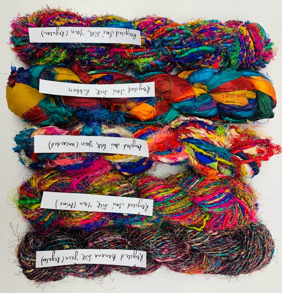  Recycled Sari Silk Fiber, Recycled Sari Silk Thrums, Recycled Banana Yarn (Regular), Recycled Sari Silk Cording Yarn, Recycled Sari Silk Yarn (Prime*),  Recycled Sari Silk Yarn (Uncarded), Recycled Sari Silk Ribbon, Recycled Cotton Sari Ribbon, Recycled Sari Silk Yarn (Regular),Recycled Banana Fiber