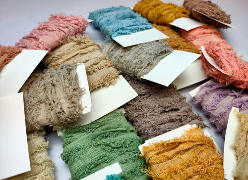 Recycled cotton frizz ribbon is perfect for incorporating into weavings and adding contrasting texture. Cotton frizz ribbon can be used for creating home goods, rugs, wall art, and more. This recycled cotton ribbon is fair trade, ethically sourced from India, and hand dyed in small batches.
