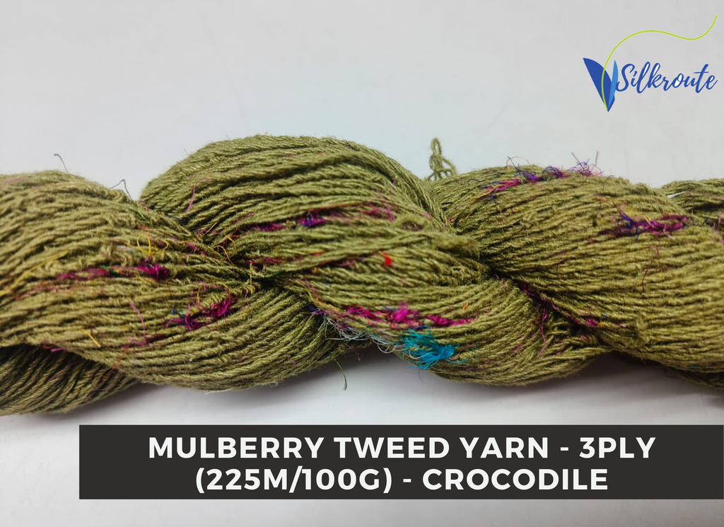 Dark Olive Crocodile Green Mulberry Silk Tweed Yarn with subtle luster.