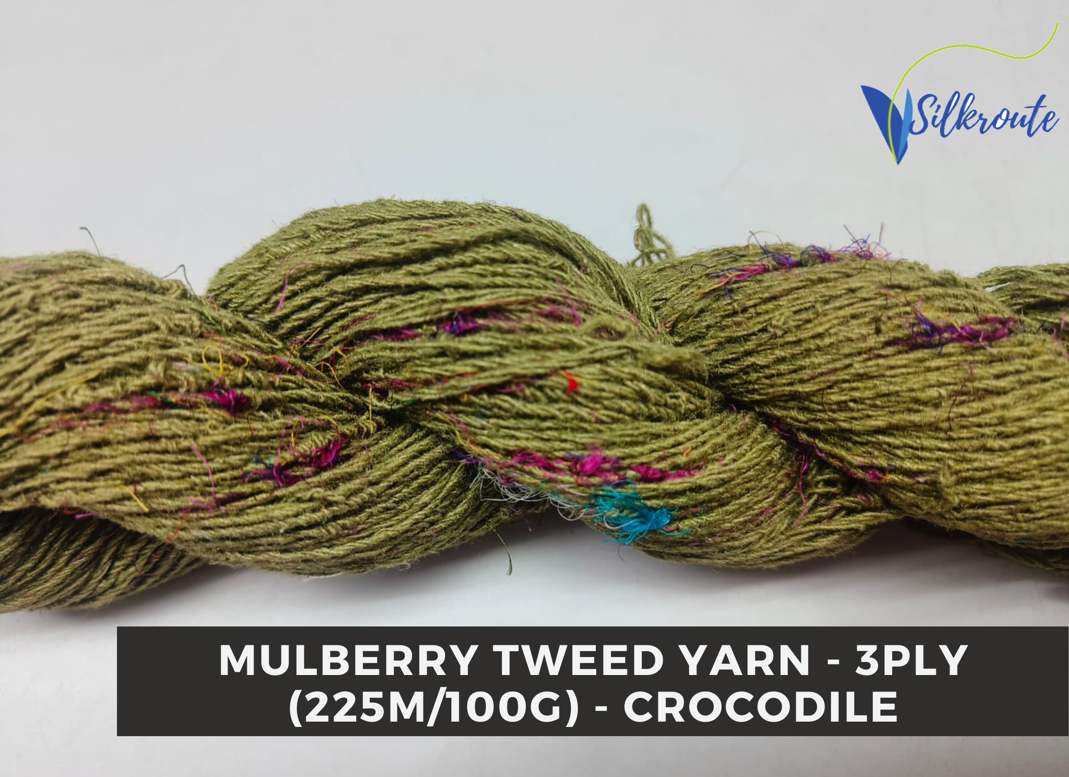 Dark Olive Crocodile Green Mulberry Silk Tweed Yarn with subtle luster.