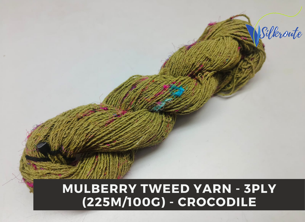 Dark Olive Crocodile Green Mulberry Silk Tweed Yarn with subtle luster.
