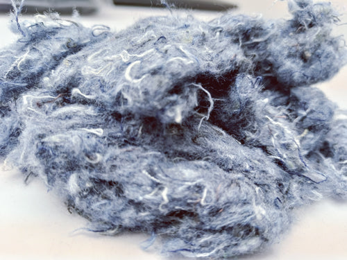 Denim Fiber, Cotton Shoddy, Reclaimed Blue Cotton Fiber, Denim Jeans fiber, Upcycled Cotton Fiber, Denim Fiber, recycled denim fiber, recycle Denim fiber, recycled Cotton Fiber, Spinning fiber, roving Fiber, jeans fiber