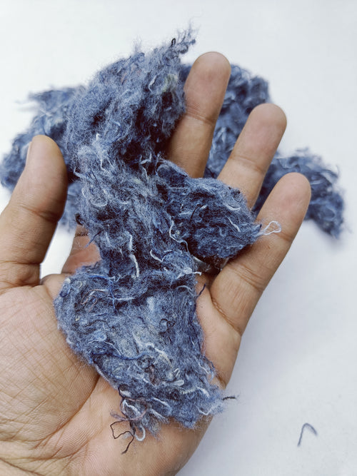 Denim Fiber, Cotton Shoddy, Reclaimed Blue Cotton Fiber, Denim Jeans fiber, Upcycled Cotton Fiber, Denim Fiber, recycled denim fiber, recycle Denim fiber, recycled Cotton Fiber, Spinning fiber, roving Fiber, jeans fiber