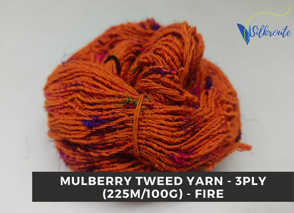 Intense Fire Red Mulberry Silk Tweed Yarn, vibrant hand-dyed silk for crafts.