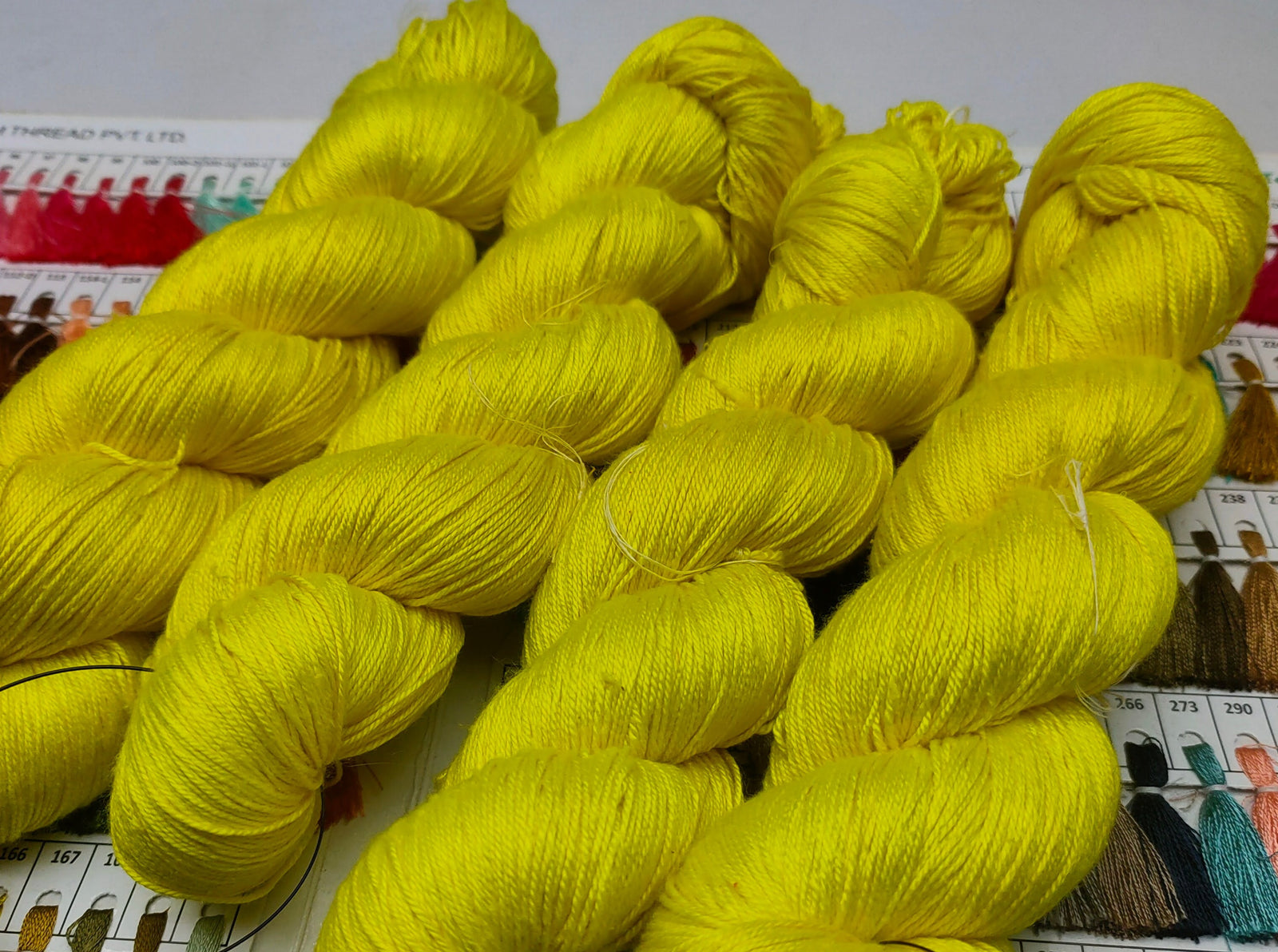 Mulberry Silk yarn (600 mts in 100gram) is a unique Silk Yarn ideal for Knitting. Mulberry Silk is very soft and shiny. It is Sock weight and is directly spun from the premium Mulberry Silk Tops. It is a yarn of Natural Protein Fiber. Mulberry Silk Yarn has compact structure, evenness, clean appearance, elegant luster, Good moisture-absorbing capability, good strength and elongation,