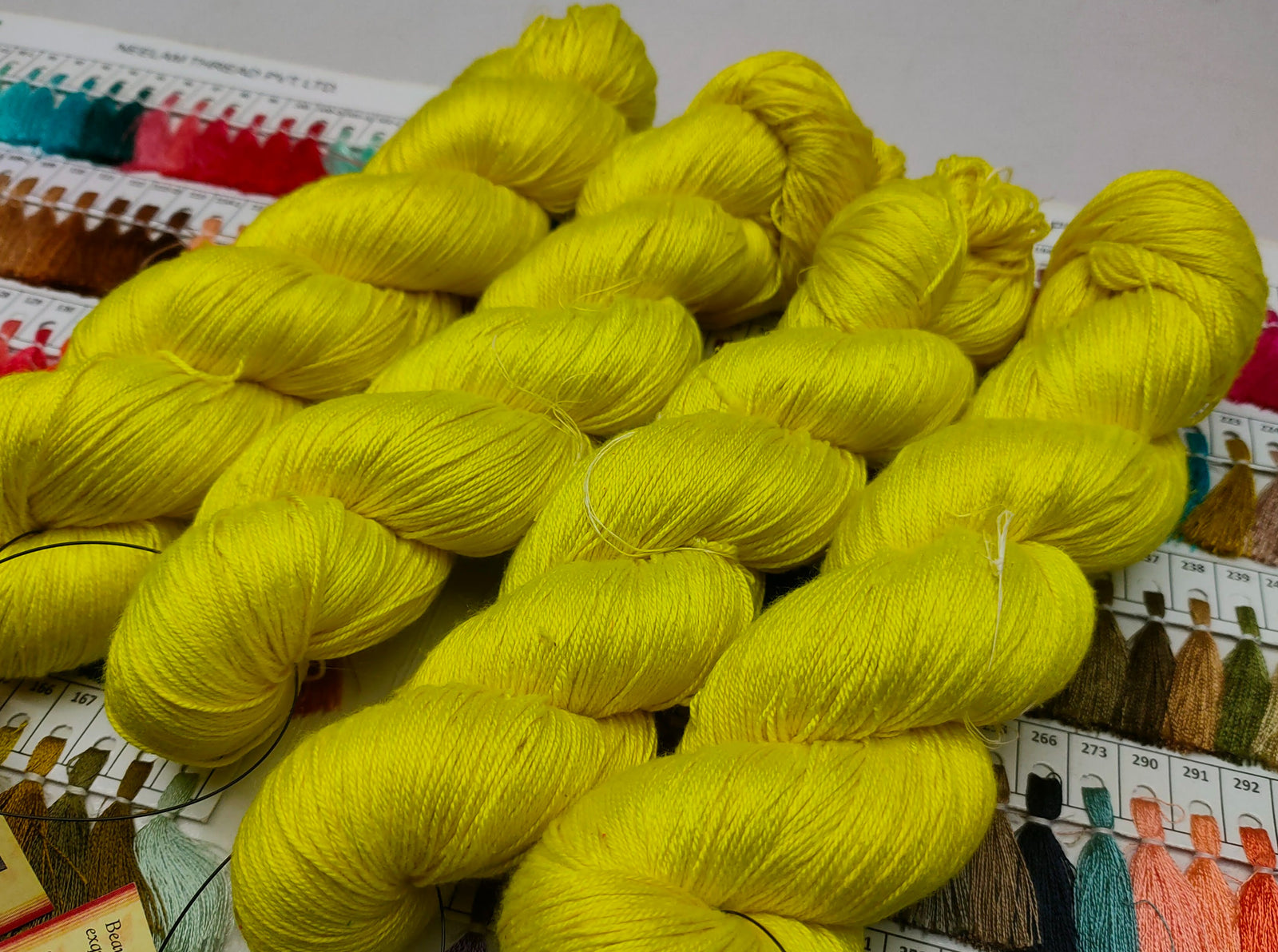 Mulberry Silk yarn (600 mts in 100gram) is a unique Silk Yarn ideal for Knitting. Mulberry Silk is very soft and shiny. It is Sock weight and is directly spun from the premium Mulberry Silk Tops. It is a yarn of Natural Protein Fiber. Mulberry Silk Yarn has compact structure, evenness, clean appearance, elegant luster, Good moisture-absorbing capability, good strength and elongation,