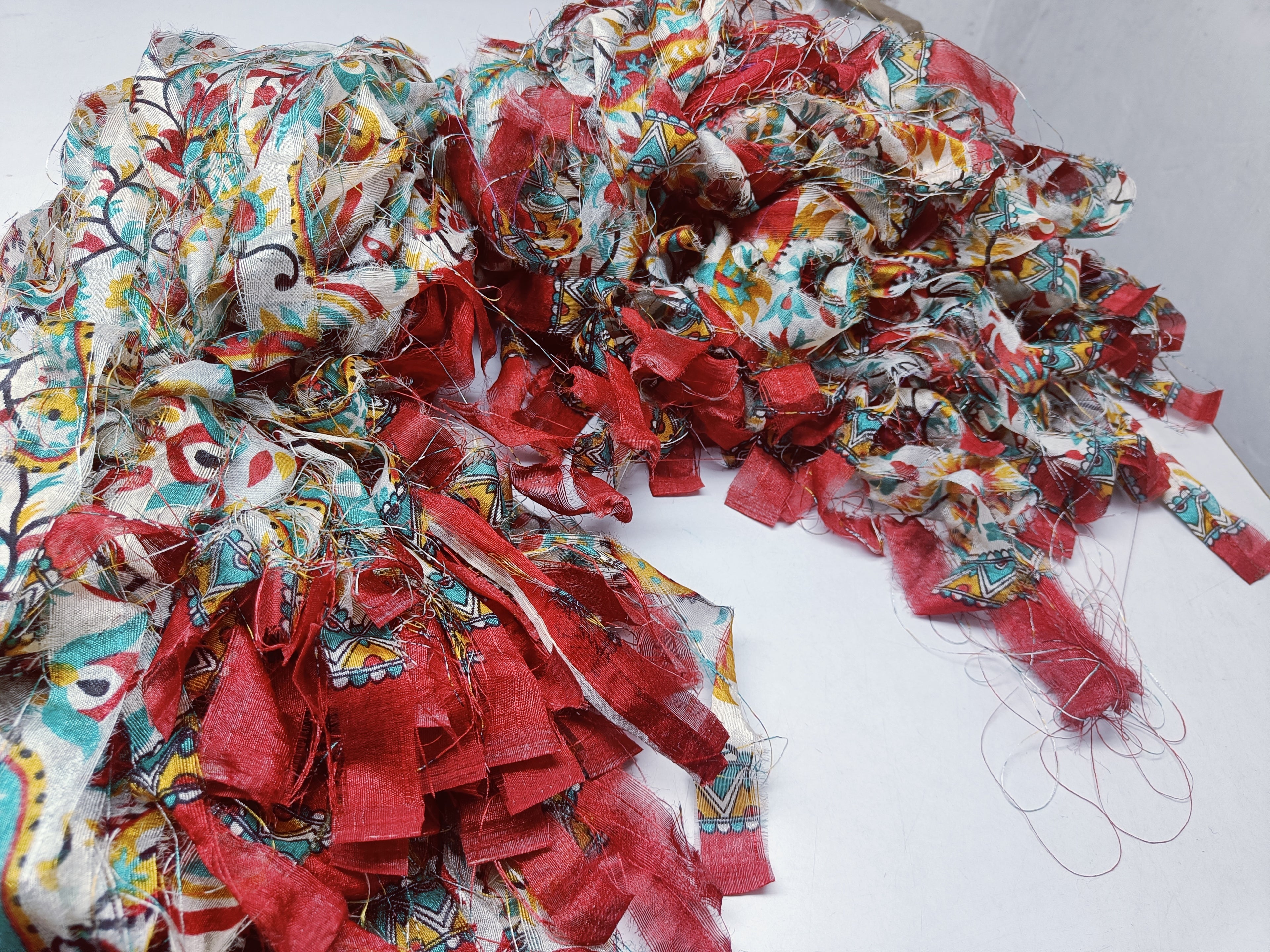 This Sari Stripe is made of completely recycled Sari material from recycled clothing. We work with women’s Cooperative in the countryside to produce this unique sari Stripe and other hand knitted silk yarn products.