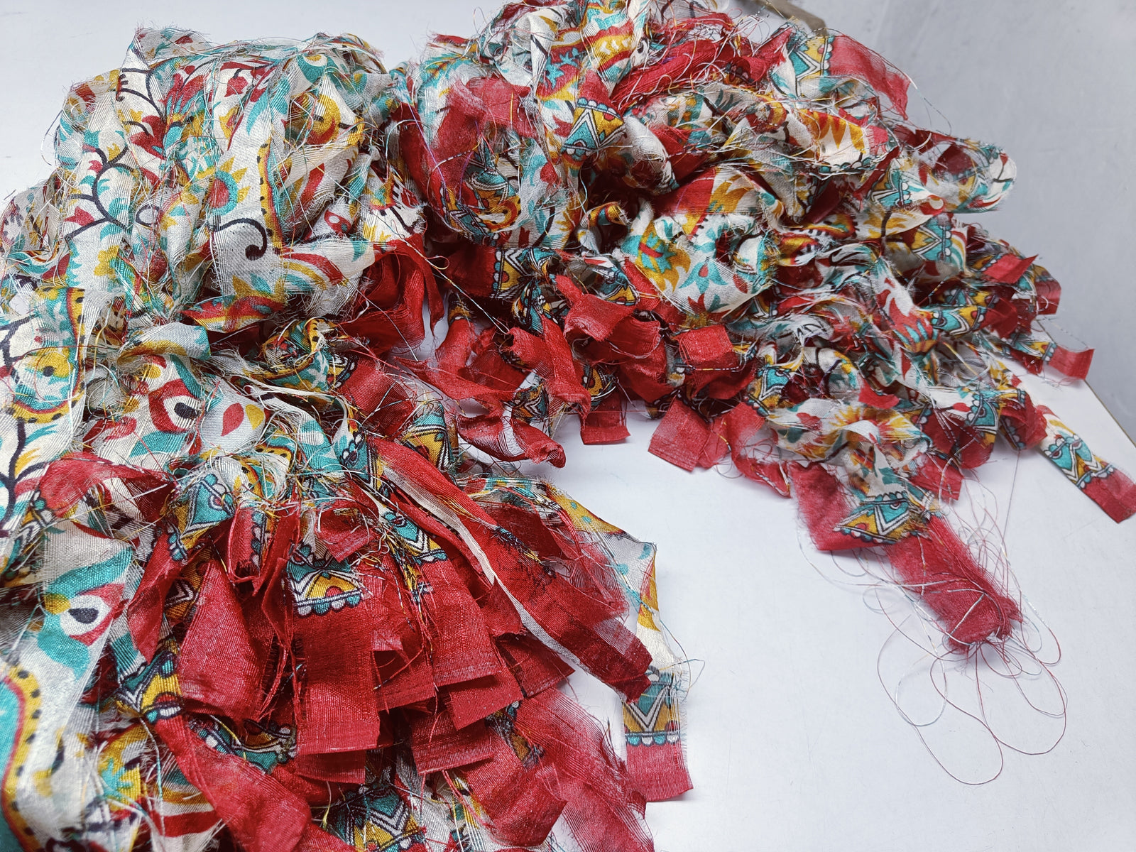 This Sari Stripe is made of completely recycled Sari material from recycled clothing. We work with women’s Cooperative in the countryside to produce this unique sari Stripe and other hand knitted silk yarn products.