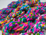 Braided yarn is made of pure silk and is approximately an inch wide through out. Due to its handmade nature there might occasionally be variations in width. When silk fabric is cut and made into saris, wraps, and veils, there is always a bit left over. Rather than throw that waste fiber into the trash, it has been made into a beautiful, unique, soft yarn..!! Direct from India, this yarn is a truly recycled product. It is a bulky weight and is soft and easy to knit or crochet.