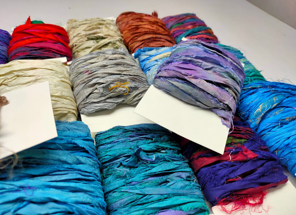 Upgrade Your Life With Recycled Multicolor Sari RIBBON YARN from Nepal 100g  25yd Paradise Fibers