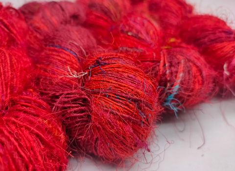 Recycled Sari Silk Yarn Prime&nbsp;Blood is available in multitude of colors, and being premium, you get extra length of yarn in the same weight. We fabricate Recycled Silk Yarn from the bi-product of sari and silk production units.