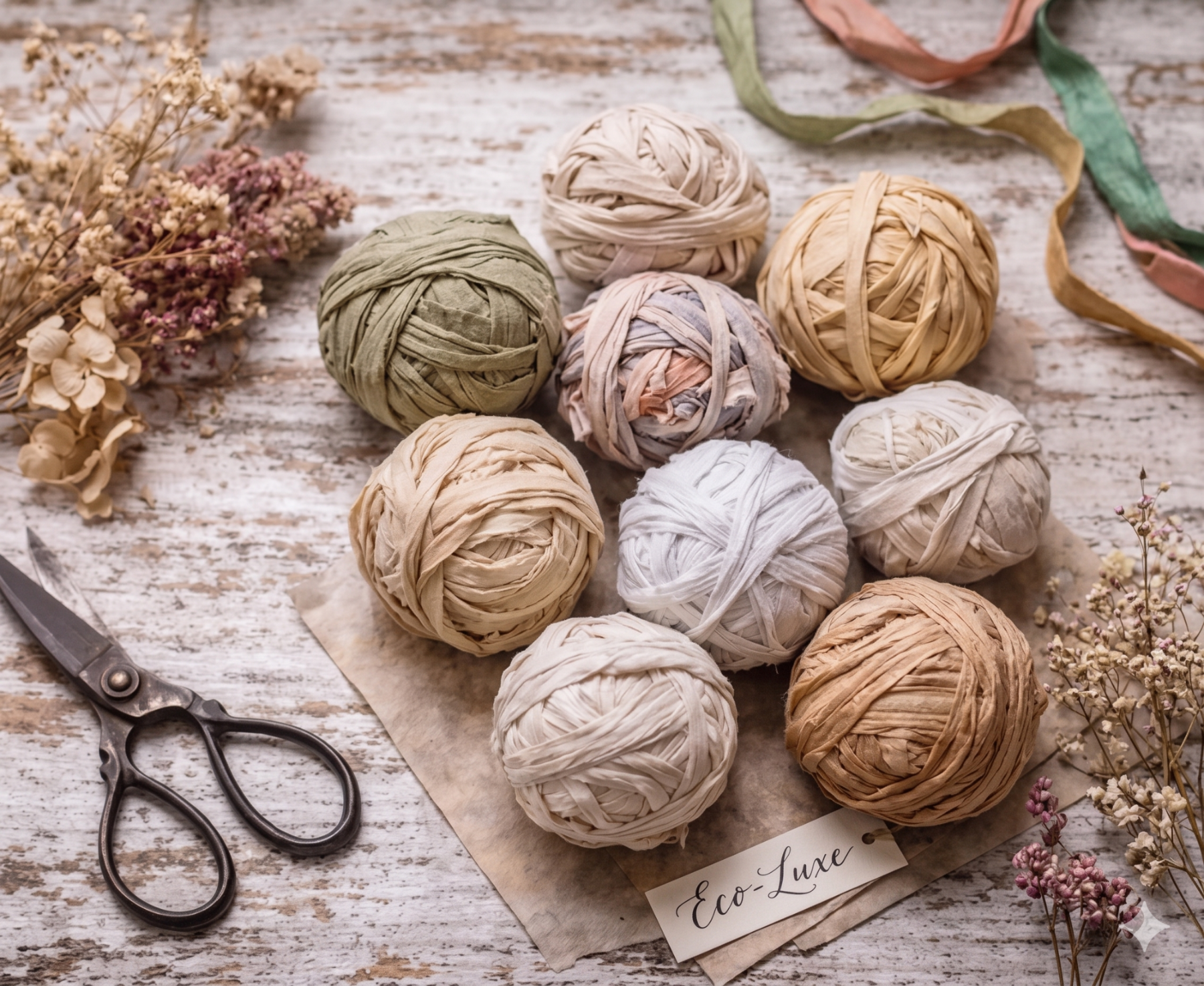 Yarn balls in various colors with a pair of scissors on a rustic wooden surface.