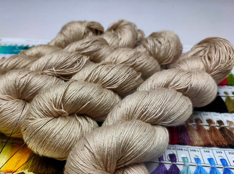 Mulberry Silk yarn (600 mts in 100gram) is a unique Silk Yarn ideal for Knitting. Mulberry Silk is very soft and shiny. It is Sock weight and is directly spun from the premium Mulberry Silk Tops. It is a yarn of Natural Protein Fiber. Mulberry Silk Yarn has compact structure, evenness, clean appearance, elegant luster, Good moisture-absorbing capability, good strength and elongation, with fine and soft fibers. It is useful for Weaving and Knitting.