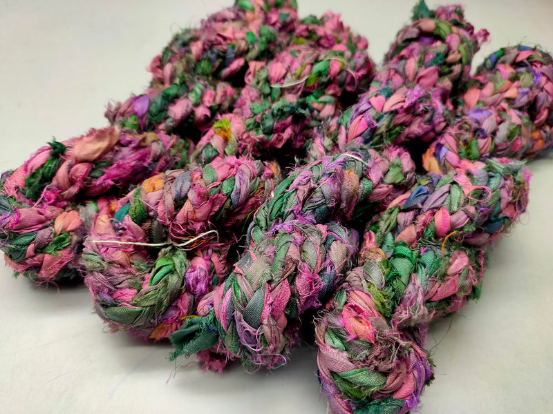 Recycled Sari Silk Ribbon Braided - Free Pink