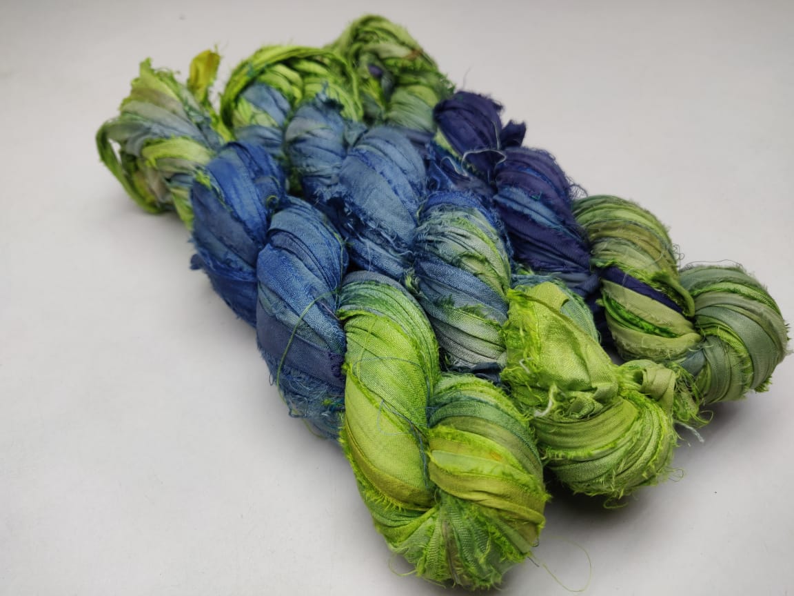 Recycled Sari Silk Ribbon - Forest Blue - SilkRouteIndia
