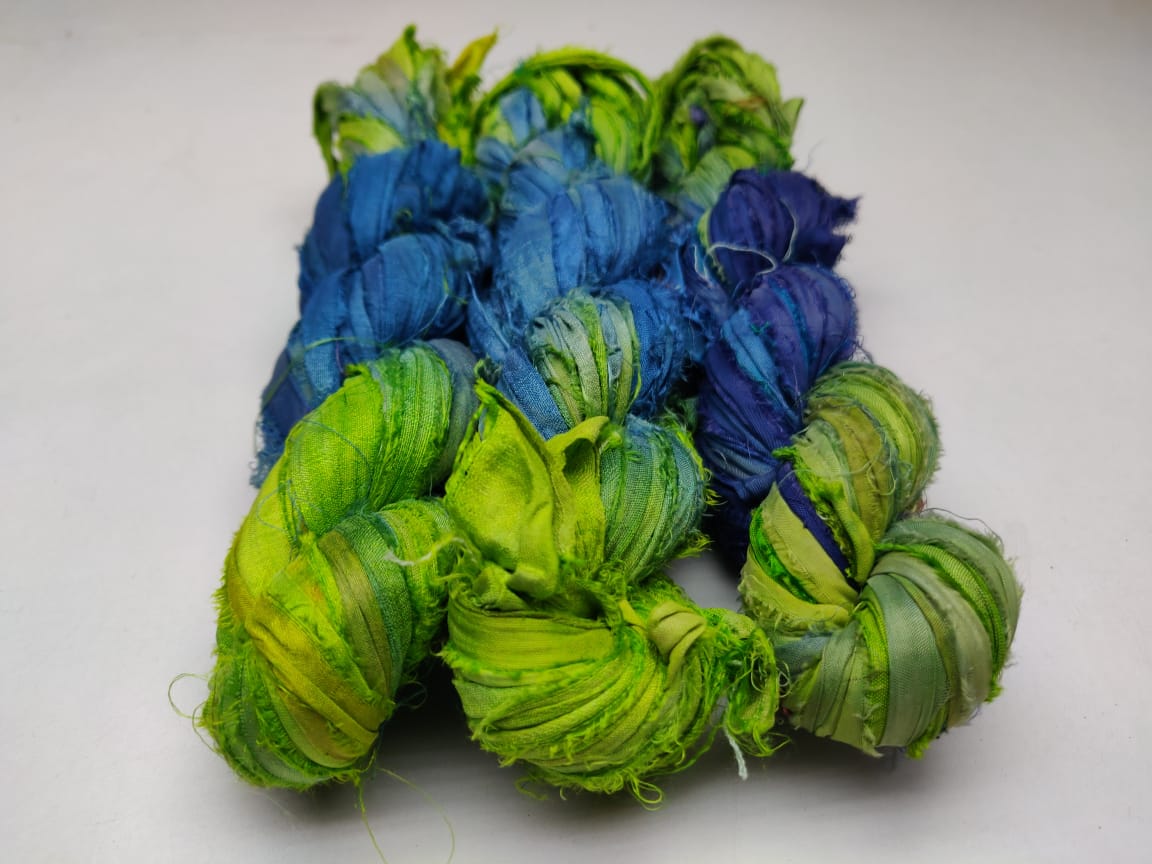 Recycled Sari Silk Ribbon - Forest Blue - SilkRouteIndia