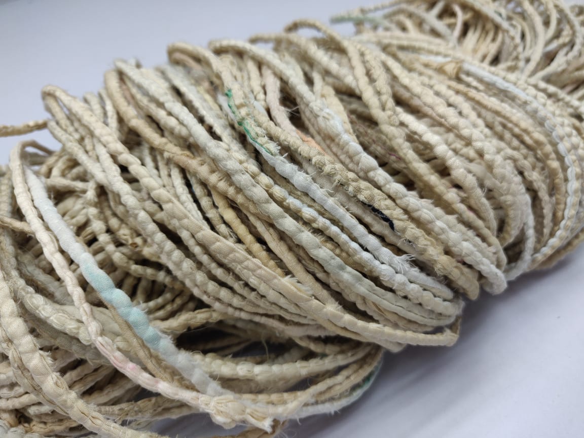 Cording Sari Silk Ribbon - Multicolor - SilkRouteIndiaFair Trade Recycled Lurex Hemmed Cording Sari Silk Ribbon yarn. Very sparkling! Made from Recycled Sari silk Ribbon which is the by-product of colorful saris that women wear in India. It is the loose ends of saris collected from industrial mills in India that is torn in stripes and sewn end to end to make beautiful and colorful ribbons. The vibrant colors and unique texture of these silk fabric, the s