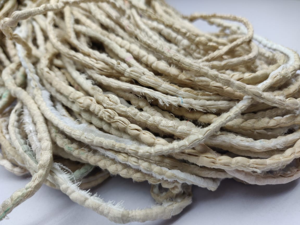 Cording Sari Silk Ribbon - Multicolor - SilkRouteIndiaFair Trade Recycled Lurex Hemmed Cording Sari Silk Ribbon yarn. Very sparkling! Made from Recycled Sari silk Ribbon which is the by-product of colorful saris that women wear in India. It is the loose ends of saris collected from industrial mills in India that is torn in stripes and sewn end to end to make beautiful and colorful ribbons. The vibrant colors and unique texture of these silk fabric, the s