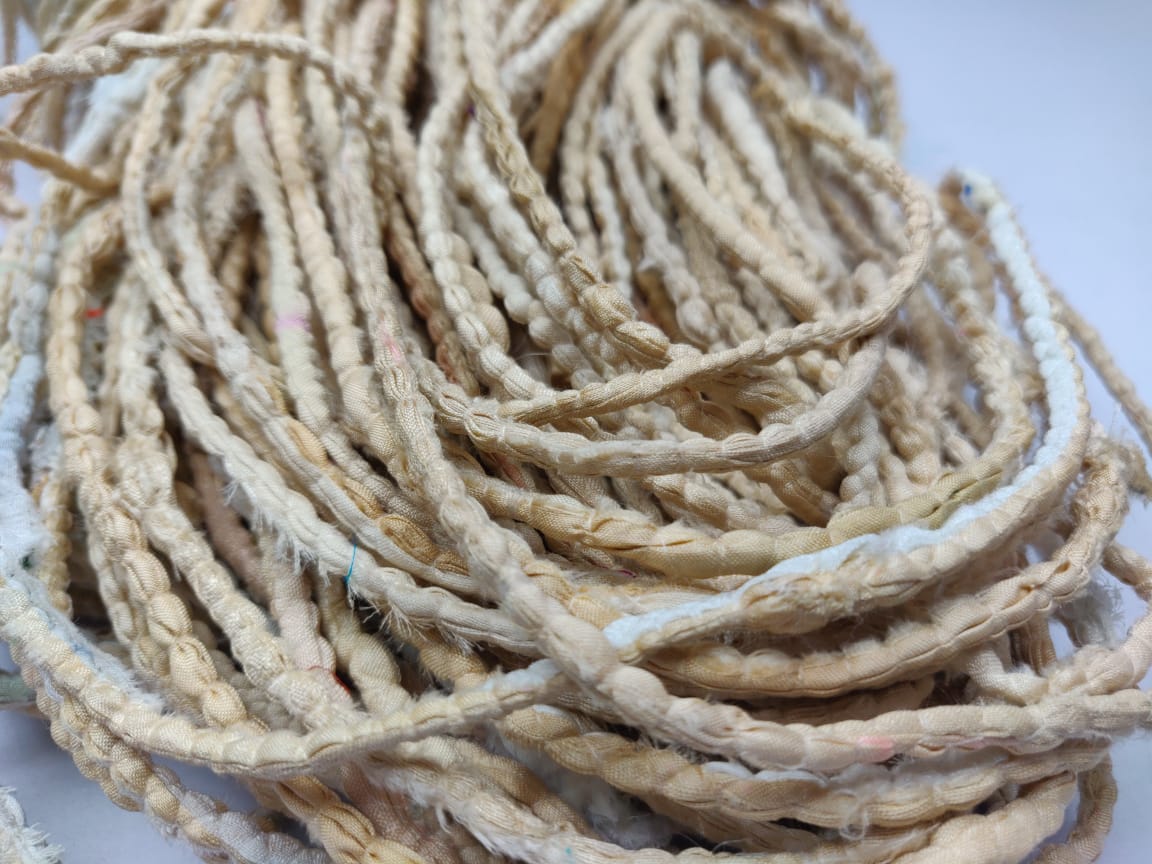 Cording Sari Silk Ribbon - Multicolor - SilkRouteIndiaFair Trade Recycled Lurex Hemmed Cording Sari Silk Ribbon yarn. Very sparkling! Made from Recycled Sari silk Ribbon which is the by-product of colorful saris that women wear in India. It is the loose ends of saris collected from industrial mills in India that is torn in stripes and sewn end to end to make beautiful and colorful ribbons. The vibrant colors and unique texture of these silk fabric, the s