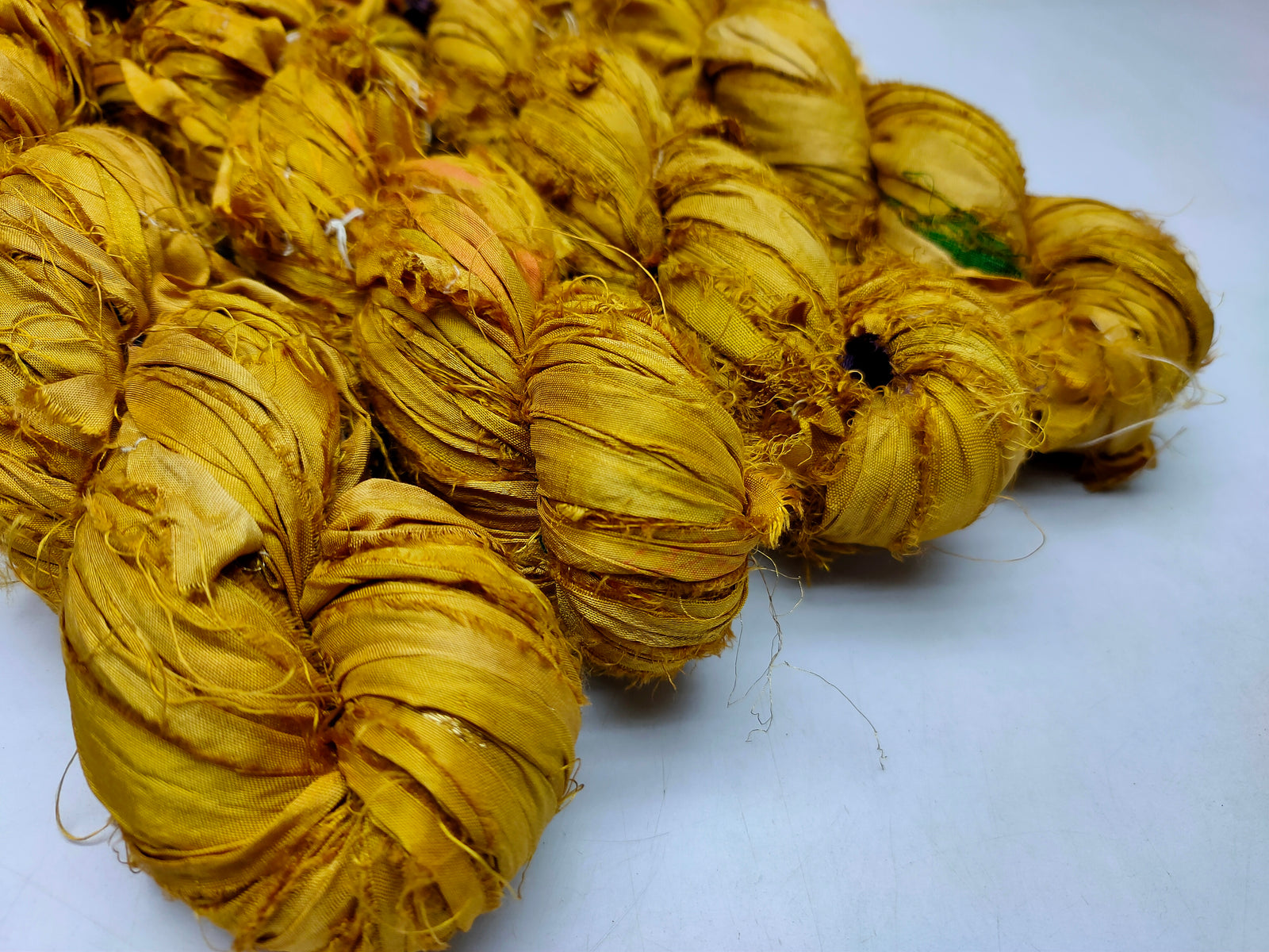 Recycled Sari Silk Ribbon - Canary - SilkRouteIndia Recycled Sari SilK yarn, Recycled Sari Silk Ribbon, Recycled Sari yarn, Recycled Silk Ribbon,upcycled ribbon, upcycled yarn, Himalaya Silk Yarn, Recycle Sari silk,	Recycle Silk,	Yarn for Knitting,	Knitting Yarn,	Crochet Yarn,	handcrafted yarn,	recycle sari yarn,	Sari Silk Yarn, reused ribbon, recycled ribbon