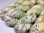 Mulberry Yarn Short Fiber - Tweety Fruiti - SilkRouteIndia Mulberry Silk Yarn Short Fiber is a unique Silk Yarn ideal for Knitting. Mulberry Yarn is very soft and shiny. It is DK weight and is directly spun from the short fiber of Mulberry Silk Tops. It is a yarn of Natural Protein Fiber. Mulberry Yarn has compact structure, evenness, clean appearance, elegant luster, Good moisture-absorbing capability, good strength and elongation, with fine and soft fibers. It is Useful for Weaving and Knitting