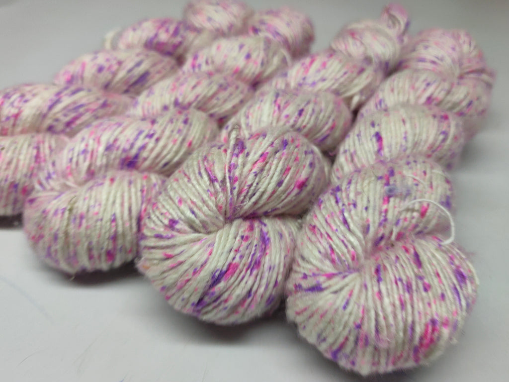 Mulberry Yarn Short Fiber - English Garden - SilkRouteIndia Mulberry Silk Yarn Short Fiber is a unique Silk Yarn ideal for Knitting. Mulberry Yarn is very soft and shiny. It is DK weight and is directly spun from the short fiber of Mulberry Silk Tops. It is a yarn of Natural Protein Fiber. Mulberry Yarn has compact structure, evenness, clean appearance, elegant luster, Good moisture-absorbing capability, good strength and elongation, with fine and soft fibers. It is Useful for Weaving and Knitting