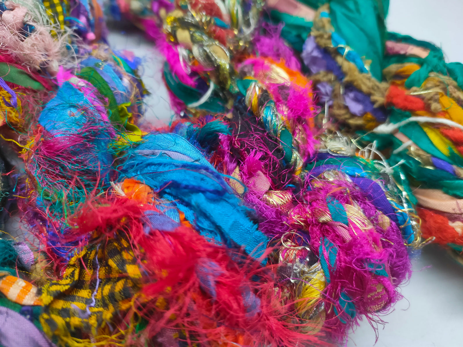 Recycled Yarn - Braided Lurex - SilkRouteIndia - Recycled Yarn - Braided lurex is available in multitude of colors. We fabricate Recycled Sari Yarn from the bi-product of sari and silk production units. The Yarn, available with us, is hand spun into bright hanks which is suitable for number of Handicrafts applications.