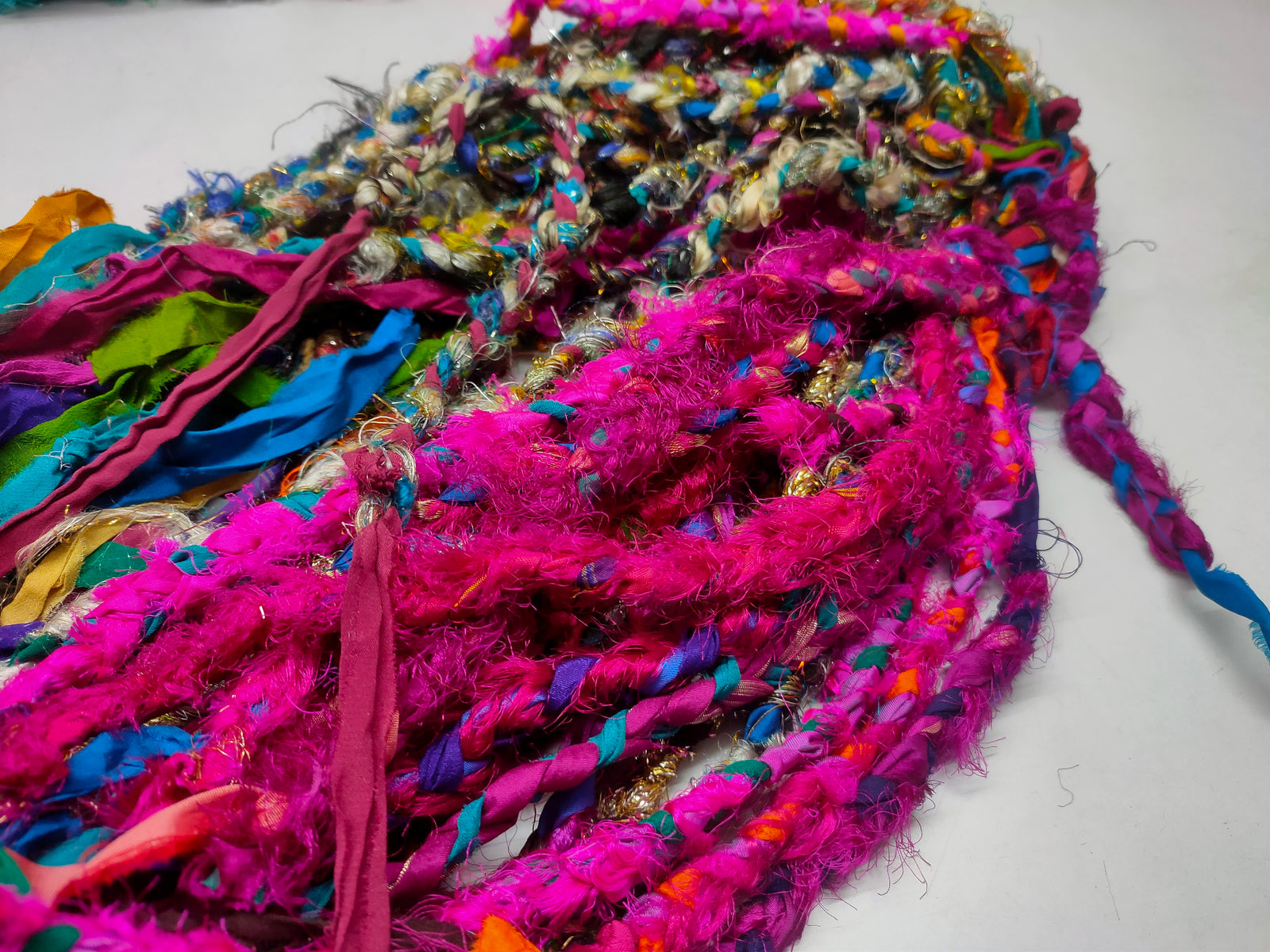 Recycled Yarn - Braided Lurex - SilkRouteIndia Recycled Sari SilK yarn, Recycled Sari Silk Ribbon, Recycled Sari yarn, Recycled Silk Ribbon,upcycled ribbon, upcycled yarn, Himalaya Silk Yarn, Recycle Sari silk,	Recycle Silk,	Yarn for Knitting,	Knitting Yarn,	Crochet Yarn,	handcrafted yarn,	recycle sari yarn,	Sari Silk Yarn, reused ribbon, recycled ribbon