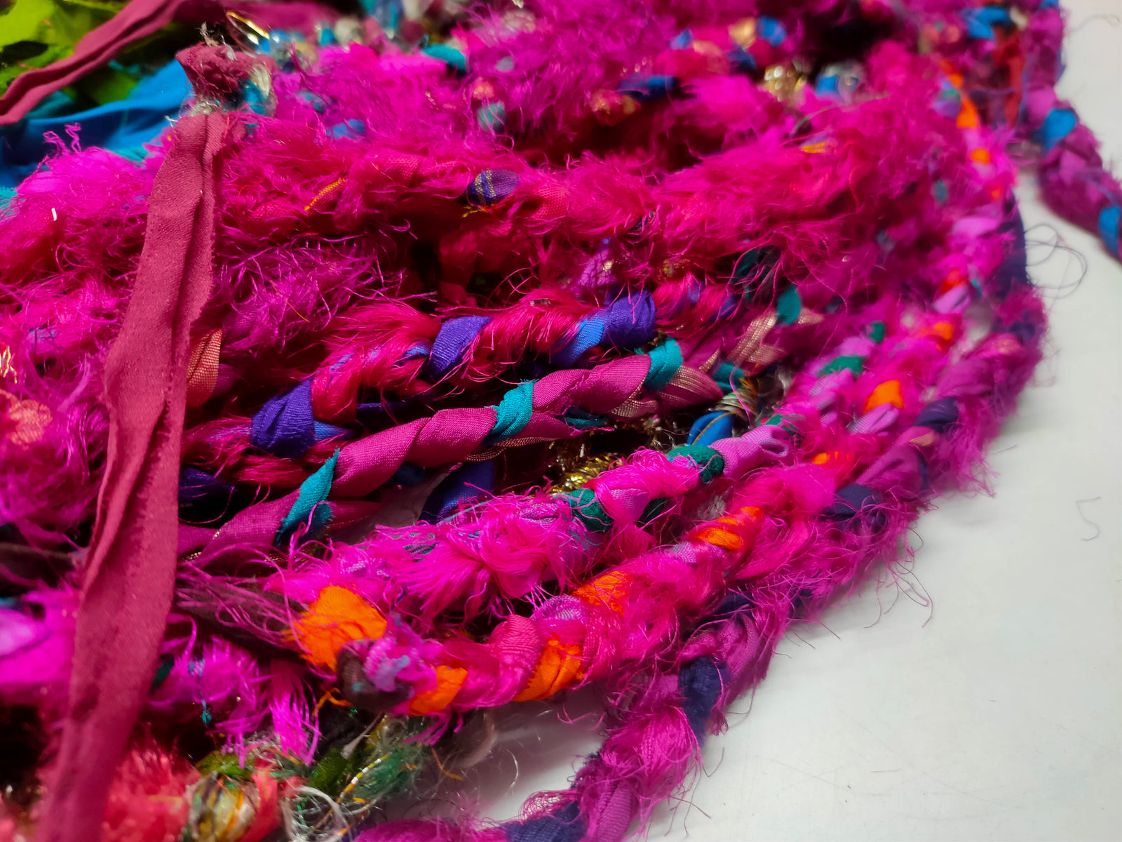 Recycled Yarn - Braided Lurex - SilkRouteIndia Recycled Sari SilK yarn, Recycled Sari Silk Ribbon, Recycled Sari yarn, Recycled Silk Ribbon,upcycled ribbon, upcycled yarn, Himalaya Silk Yarn, Recycle Sari silk,	Recycle Silk,	Yarn for Knitting,	Knitting Yarn,	Crochet Yarn,	handcrafted yarn,	recycle sari yarn,	Sari Silk Yarn, reused ribbon, recycled ribbon